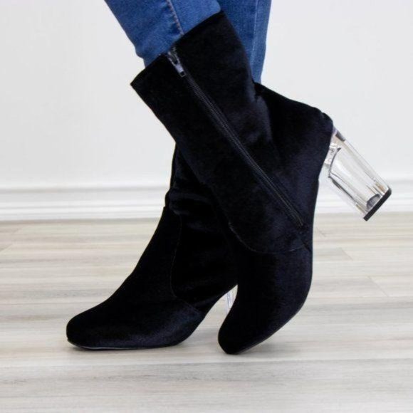 Black Velvet Above Ankle Clear Heel Bootie - Picture 3 of 11